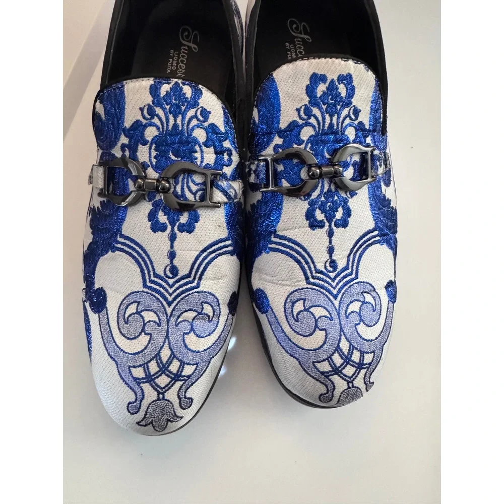Successo Uomo by Puita Mens Blue White Jacquard Damask Bit Loafers Dress Shoes